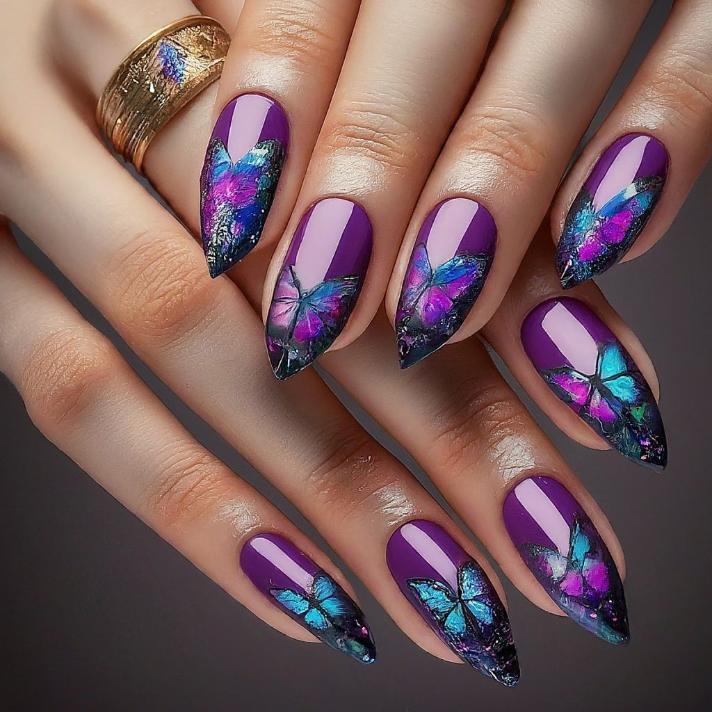 Galaxy effect butterfly design purple nail designs