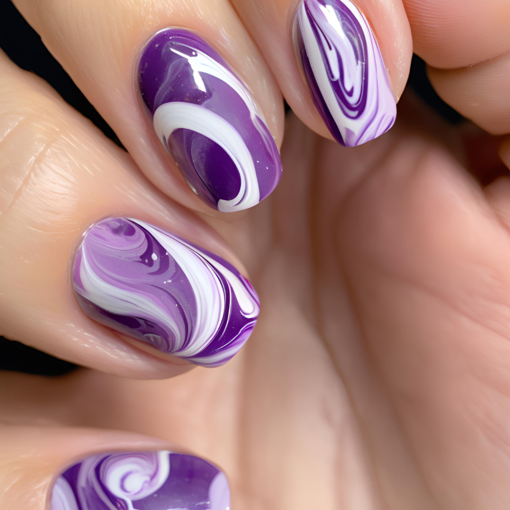 Purple marble with white swirls   purple nail designs