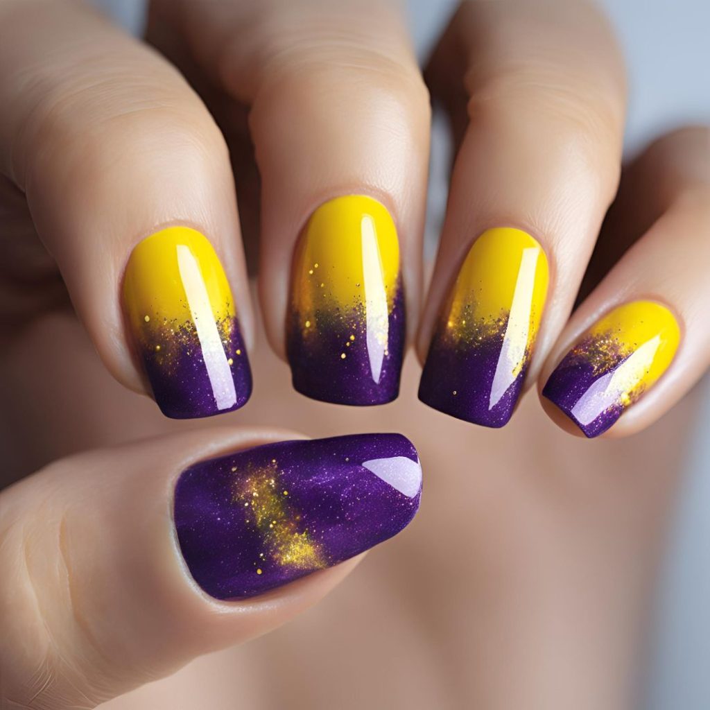 Shimmery purple and yellow purple nail designs 