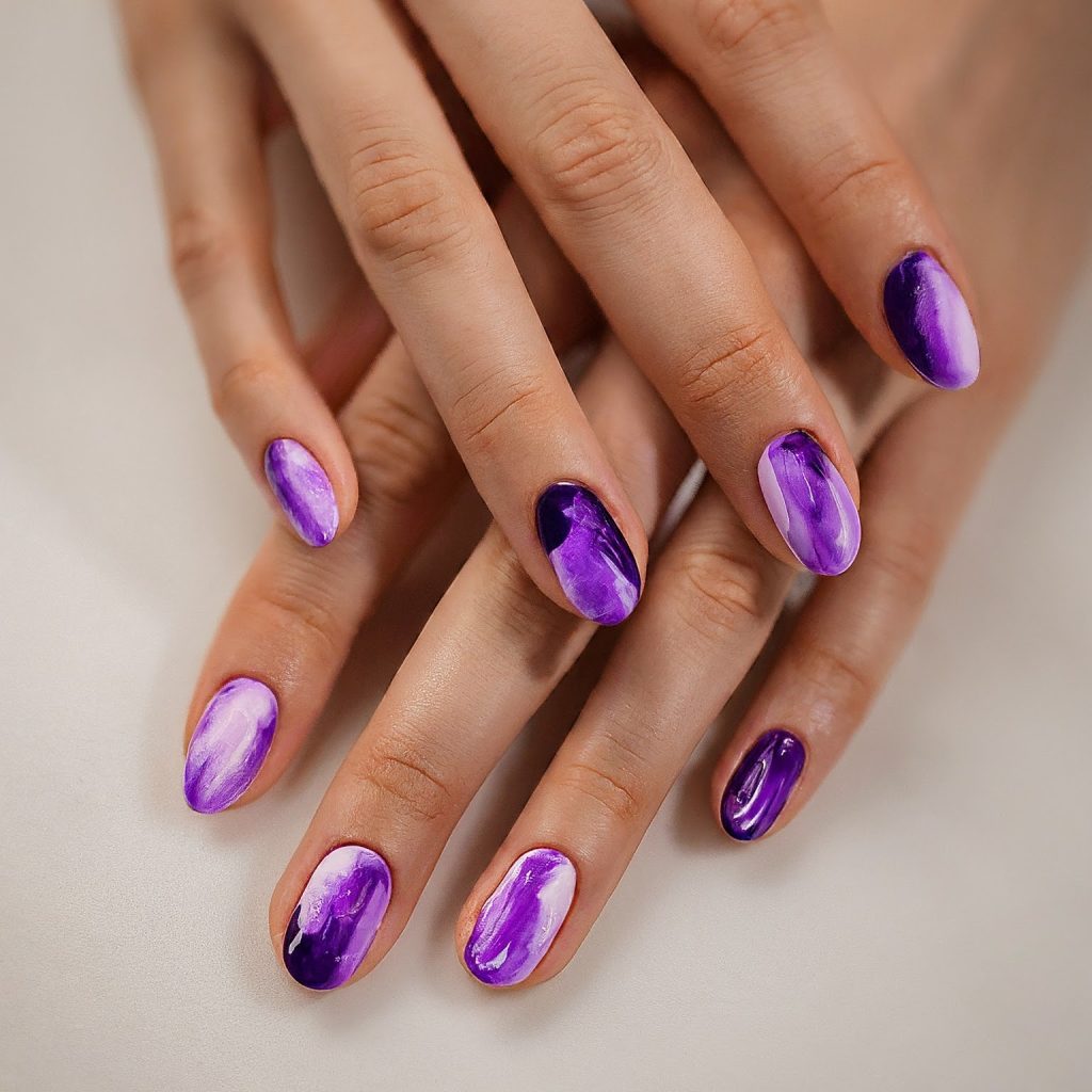 Watercolor effect purple nail designs 